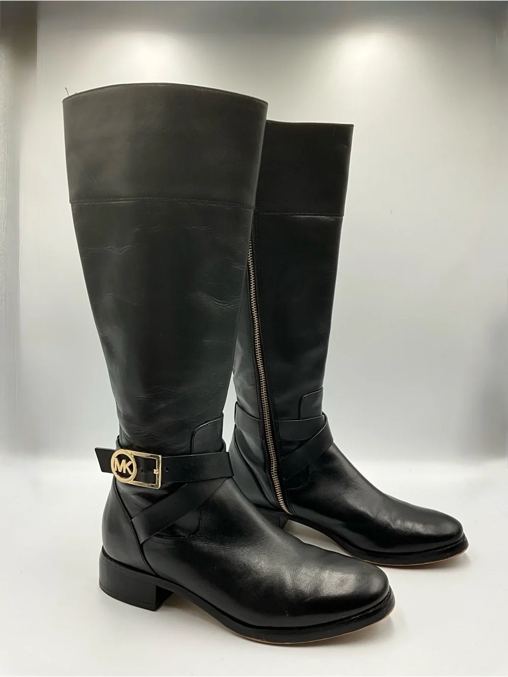 Michael Kors Boots Size 7 Black Leather Over-the-Knee Boots with Gold MK Buckle